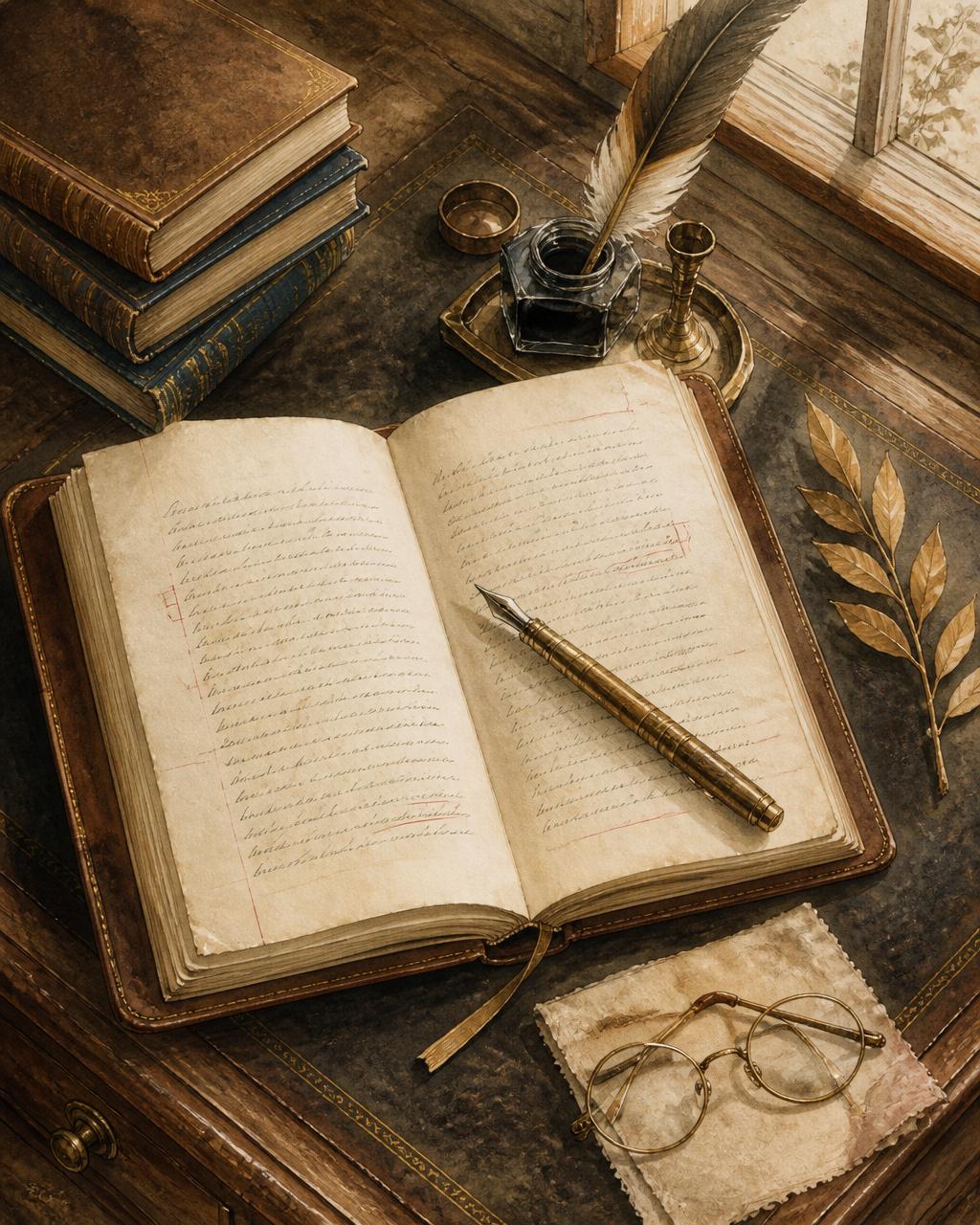 Illustrated editor's desk with an open manuscript, fountain pen, ink, and hardcover books